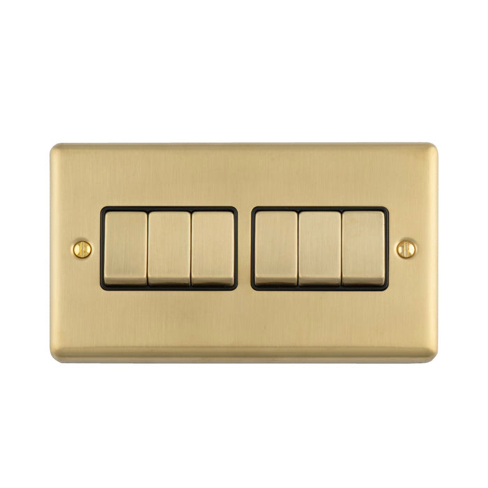 This is an image of Eurolite - Enhance Decorative 6 Gang Switch Satin Brass Black Trim | Sku. en6swsbb | available from Trade Door Handles.