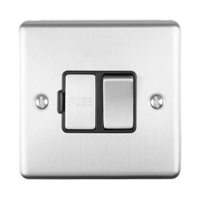 This is an image of Eurolite - Enhance Decorative Switched Fuse Spur Satin Stainless (With Black Trim) | Sku. enswfssb | available from Trade Door Handles.