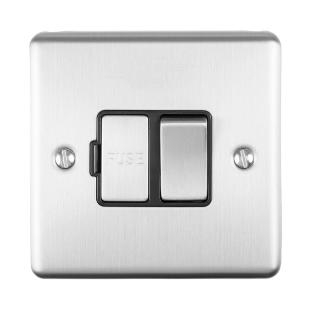 This is an image of Eurolite - Enhance Decorative Switched Fuse Spur Satin Stainless (With Black Trim) | Sku. enswfssb | available from Trade Door Handles.