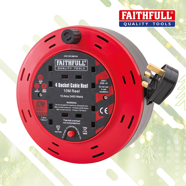 Faithfull 10m Cassette Cable Reel 240V - 4 Socket