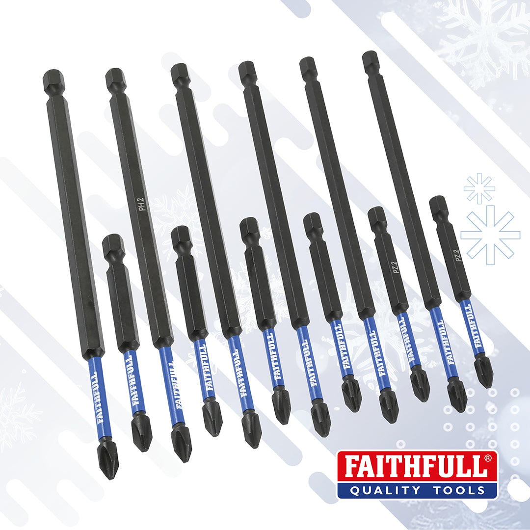 Faithfull 12 Piece Impact Screwdriver Bit Set - 75mm & 150mm Long Bits