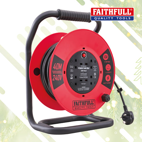 Faithfull 40m Heavy Duty Open Cable Reel 240V 13A - 4 Socket
