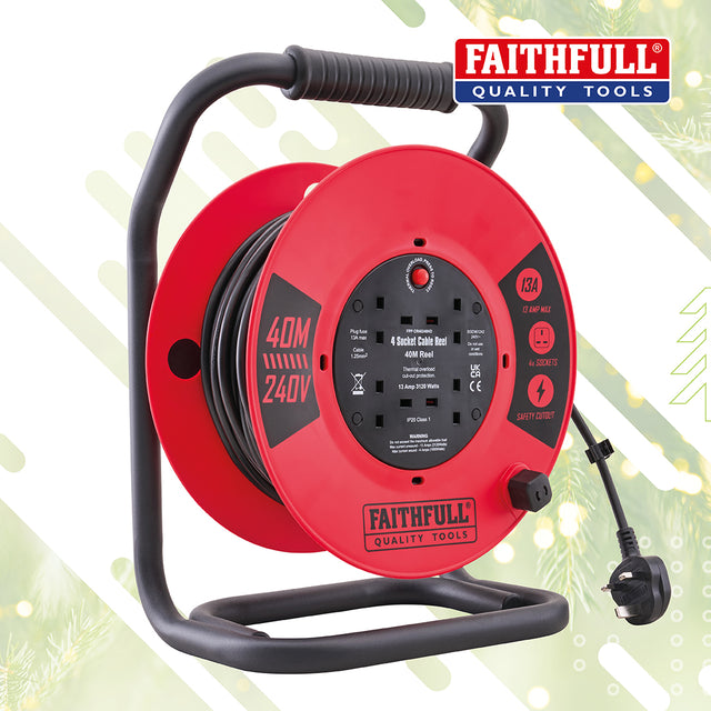 Faithfull 40m Heavy Duty Open Cable Reel 240V 13A - 4 Socket