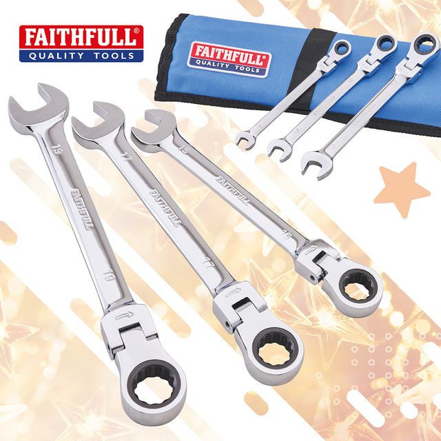 Faithfull 6 Piece Flexi Ratchet Combination Spanner Set with Tool Roll 8-19mm