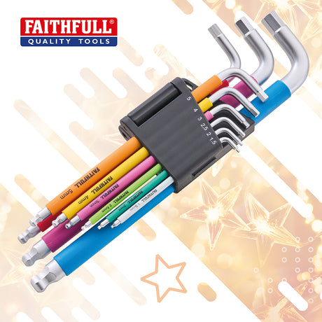 Faithfull 9 Piece Colour Coded Ball End Hex Key Set - Metric 1.5-10mm