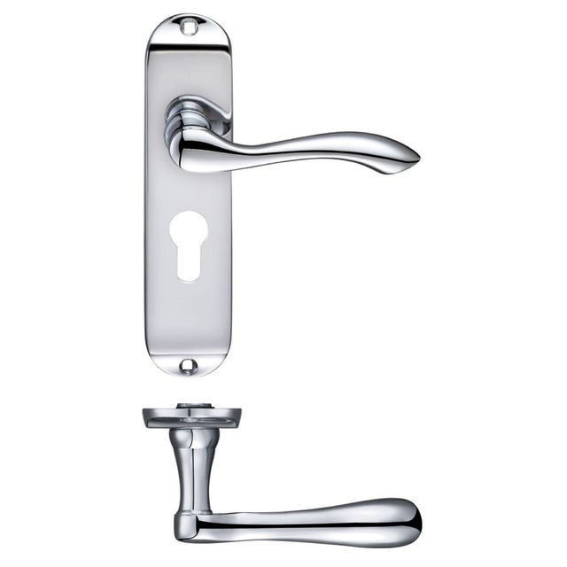 High quality image of the Fulton & Bray - Arundel Lever Euro Lock (47.5mm) Furniture - Short Plate 175 x 42mm - Polished Chrome | Sku. fb021epcp | available to order from Trade Door Handles.