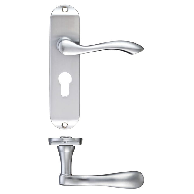 High quality image of the Fulton & Bray - Arundel Lever Euro Lock (47.5mm c/c) Furniture - Short Plate 175 x 42mm - Satin Chrome | Sku. fb021epsc | available to order from Trade Door Handles.