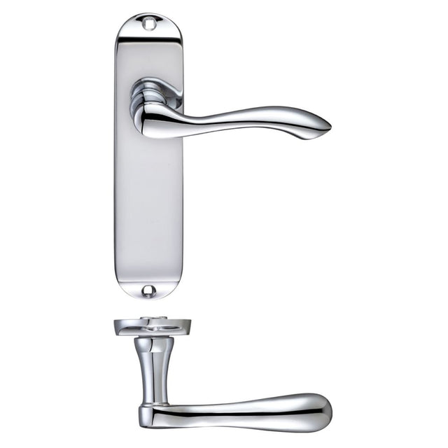 High quality image of the Fulton & Bray - Arundel Lever Latch Furniture - Short Plate 175 x 42mm - Polished Chrome | Sku. fb022cp | available to order from Trade Door Handles.