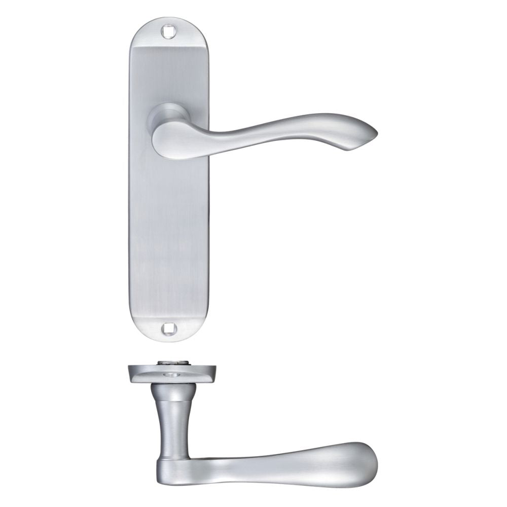 High quality image of the Fulton & Bray - Arundel Lever Latch Furniture - Short Plate 175 x 42mm - Satin Chrome | Sku. fb022sc | available to order from Trade Door Handles.