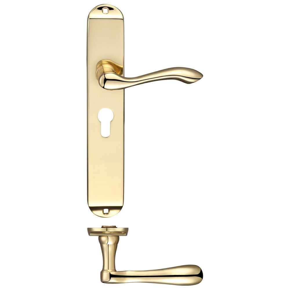High quality image of the Fulton & Bray - Arundel Lever Euro Lock (47.5mm c/c) Furniture - Long Plate 245 x 42mm - Polished Brass | Sku. fb031ep | available to order from Trade Door Handles.