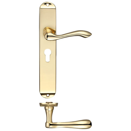 High quality image of the Fulton & Bray - Arundel Lever Euro Lock (47.5mm c/c) Furniture - Long Plate 245 x 42mm - Polished Brass | Sku. fb031ep | available to order from Trade Door Handles.