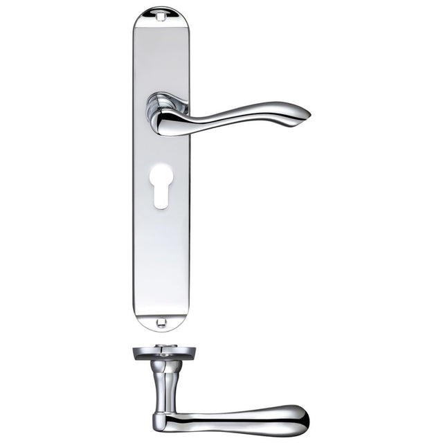 High quality image of the Fulton & Bray - Arundel Lever Euro Lock (47.5mm c/c) Furniture - Long Plate 245 x 42mm - Polished Chrome | Sku. fb031epcp | available to order from Trade Door Handles.