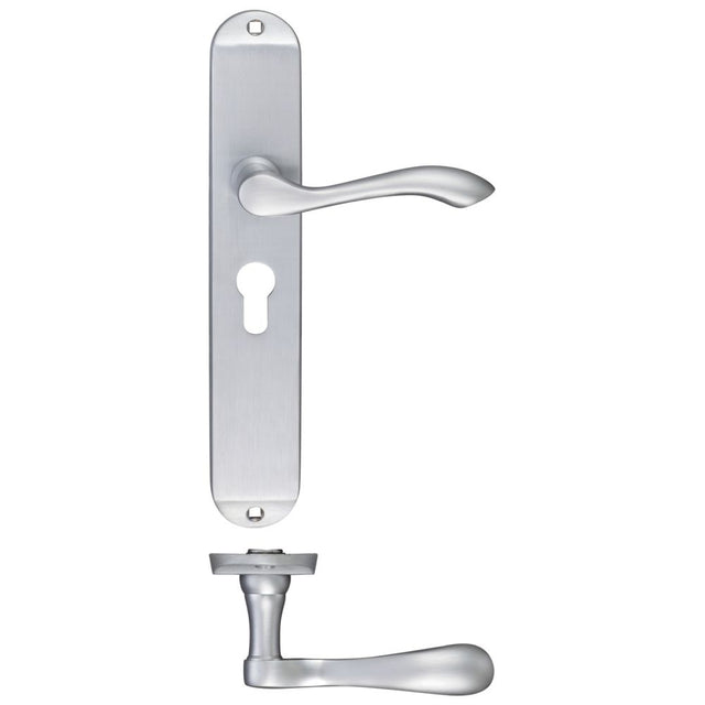 High quality image of the Fulton & Bray - Arundel Lever Euro Lock (47.5mm c/c) Furniture - Long Plate 245 x 42mm - Satin Chrome | Sku. fb031epsc | available to order from Trade Door Handles.
