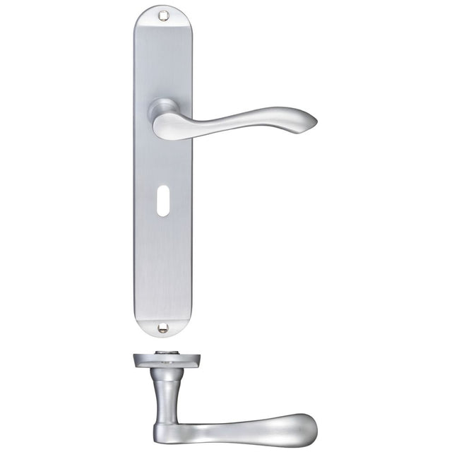 High quality image of the Fulton & Bray - Arundel Lever Lock (57mm c/c) Furniture - Long Plate 245 x 42mm - Satin Chrome | Sku. fb031sc | available to order from Trade Door Handles.