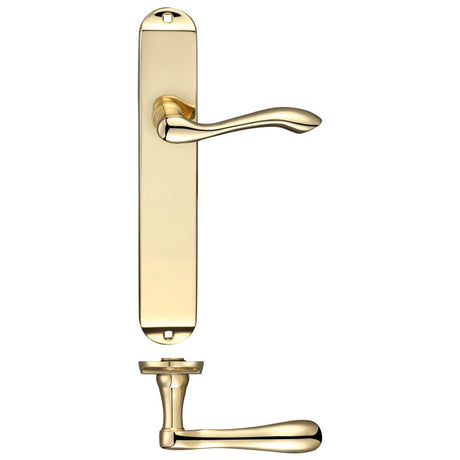 High quality image of the Fulton & Bray - Arundel Lever Latch Furniture - Long Plate 245 x 42mm - Polished Brass | Sku. fb032 | available to order from Trade Door Handles.
