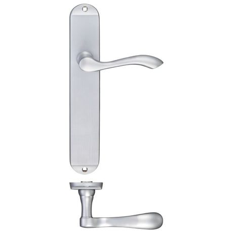 High quality image of the Fulton & Bray - Arundel Lever Latch Furniture - Long Plate 245 x 42mm - Satin Chrome | Sku. fb032sc | available to order from Trade Door Handles.