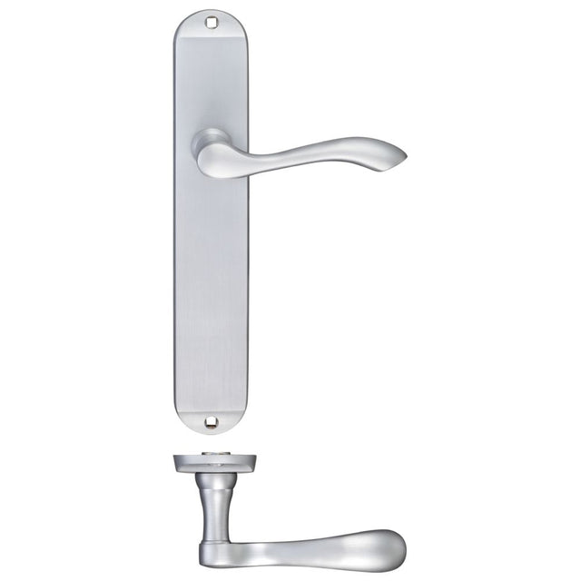 High quality image of the Fulton & Bray - Arundel Lever Latch Furniture - Long Plate 245 x 42mm - Satin Chrome | Sku. fb032sc | available to order from Trade Door Handles.