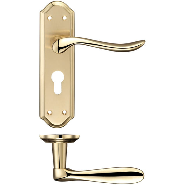 High quality image of the Fulton & Bray - Lincoln Lever Euro Lock (47.5mm c/c) Furniture 180 x 48mm - Satin Chrome/Polished Chrome | Sku. fb041epsbpb | available to order from Trade Door Handles.