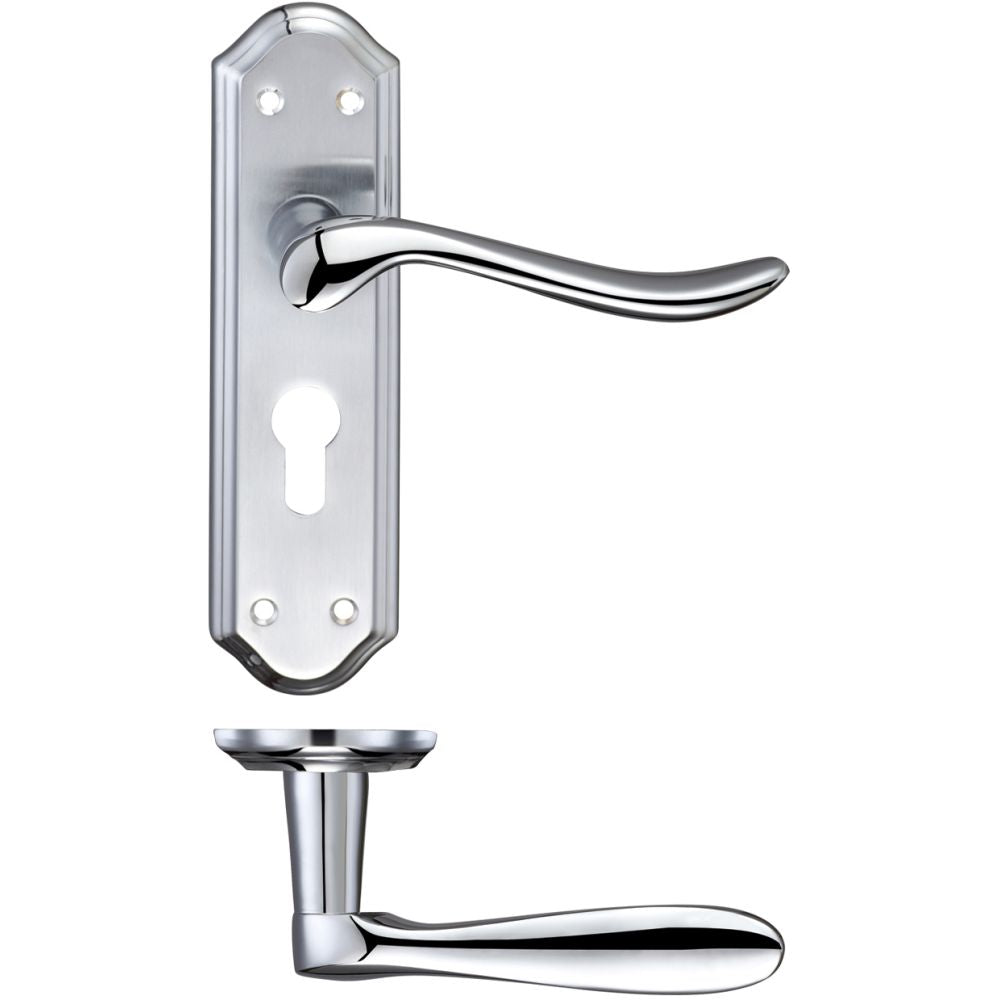 High quality image of the Fulton & Bray - Lincoln Lever Euro Lock (47.5mm c/c) Furniture 180 x 48mm - Satin Chrome/Polished Chrome | Sku. fb041epsccp | available to order from Trade Door Handles.