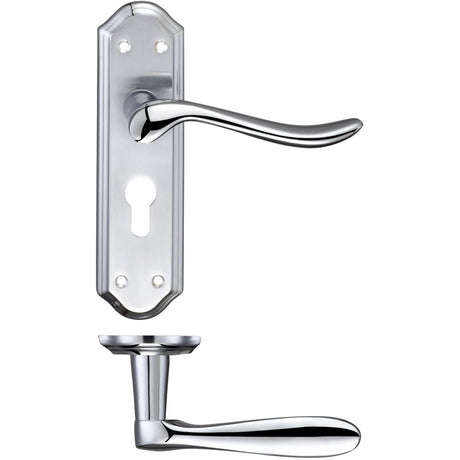High quality image of the Fulton & Bray - Lincoln Lever Euro Lock (47.5mm c/c) Furniture 180 x 48mm - Satin Chrome/Polished Chrome | Sku. fb041epsccp | available to order from Trade Door Handles.