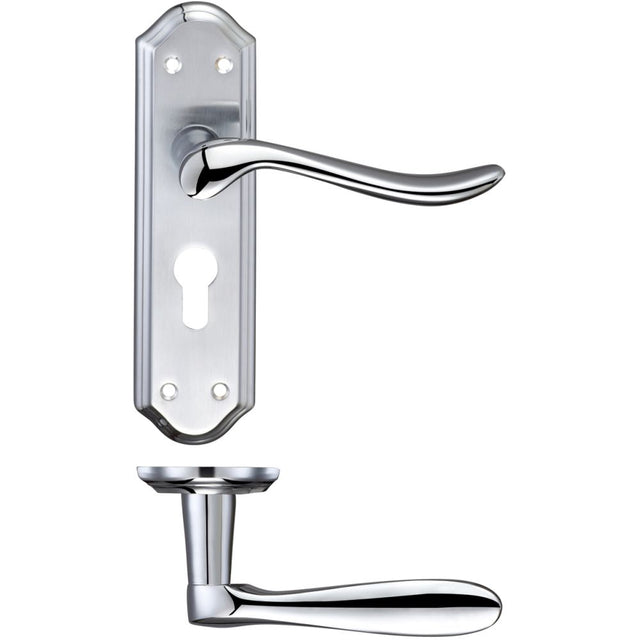 High quality image of the Fulton & Bray - Lincoln Lever Euro Lock (47.5mm c/c) Furniture 180 x 48mm - Satin Chrome/Polished Chrome | Sku. fb041epsccp | available to order from Trade Door Handles.