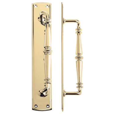 High quality image of the Fulton & Bray - Pull Handle on Backplate - Polished Brass | Sku. fb106 | available to order from Trade Door Handles.