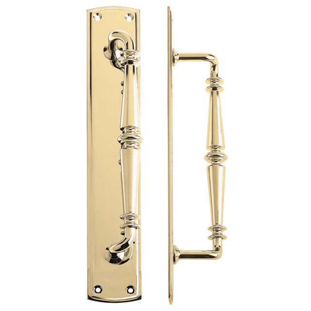 High quality image of the Fulton & Bray - Pull Handle on Backplate - Polished Brass | Sku. fb106 | available to order from Trade Door Handles.