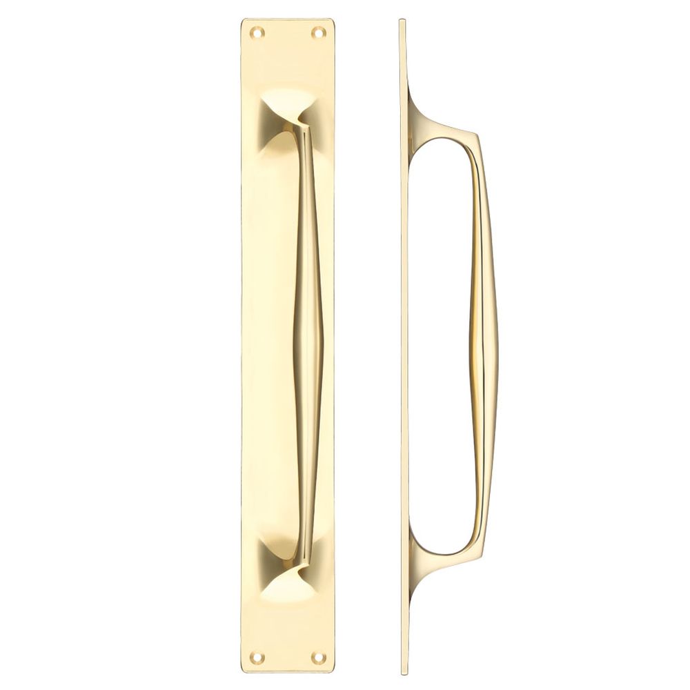 High quality image of the Fulton & Bray - Cast Brass Pull Handle with Backplate - 425 x 60mm - Polished Brass | Sku. fb112b | available to order from Trade Door Handles.