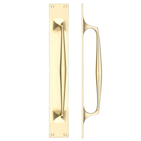 High quality image of the Fulton & Bray - Cast Brass Pull Handle with Backplate - 425 x 60mm - Polished Brass | Sku. fb112b | available to order from Trade Door Handles.