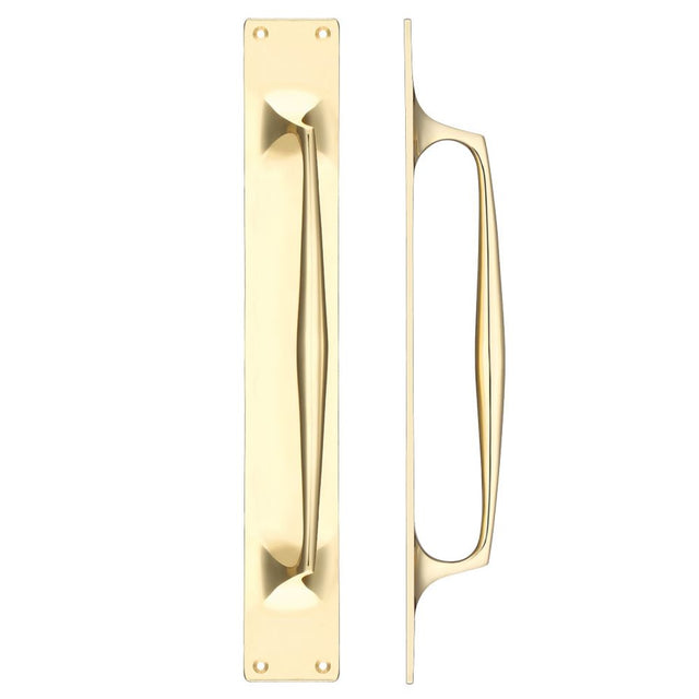 High quality image of the Fulton & Bray - Cast Brass Pull Handle with Backplate - 425 x 60mm - Polished Brass | Sku. fb112b | available to order from Trade Door Handles.