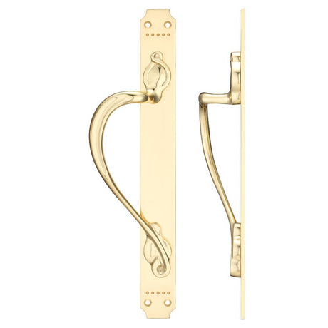 High quality image of the Fulton & Bray - Cast Brass Pull Handle with Art Nouveau Backplate - Left Handed - 377 x 42mm - Polished Brass | Sku. fb114l | available to order from Trade Door Handles.