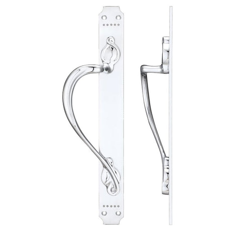 High quality image of the Fulton & Bray - Cast Brass Pull Handle with Art Nouveau Backplate - Left Handed - 377 x 42mm - Polished Chrome | Sku. fb114lcp | available to order from Trade Door Handles.