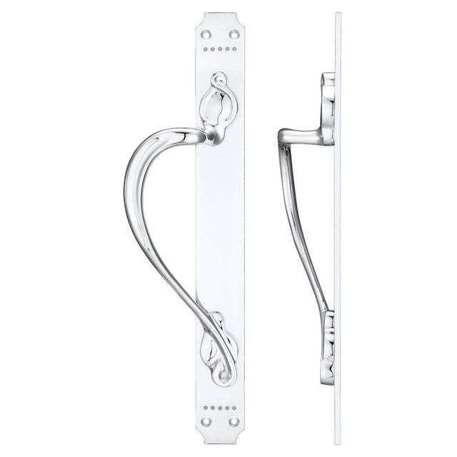 High quality image of the Fulton & Bray - Cast Brass Pull Handle with Art Nouveau Backplate - Left Handed - 377 x 42mm - Polished Chrome | Sku. fb114lcp | available to order from Trade Door Handles.