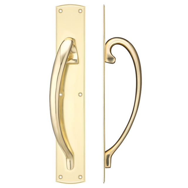 High quality image of the Fulton & Bray - Cast Brass Large Pull Handle with Backplate - Left Handed - 457 x 76mm - Polished Brass | Sku. fb118l | available to order from Trade Door Handles.