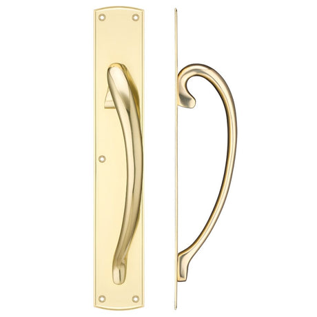High quality image of the Fulton & Bray - Cast Brass Large Pull Handle with Backplate - Right Handed - 457 x 76mm - Polished Brass | Sku. fb118r | available to order from Trade Door Handles.
