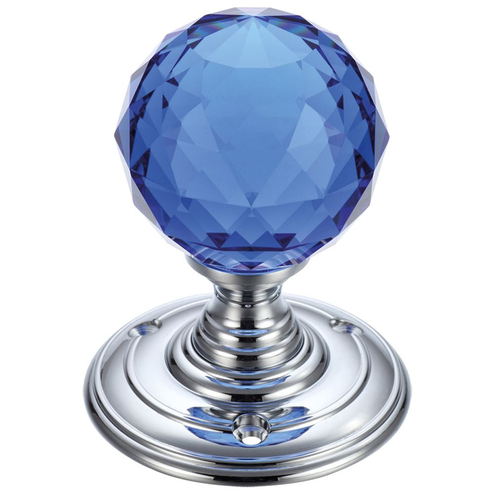 High quality image of the Fulton & Bray - Glass Ball Mortice Knob - Facetted Blue 55mm - Polished Brass | Sku. fb301cpb | available to order from Trade Door Handles.