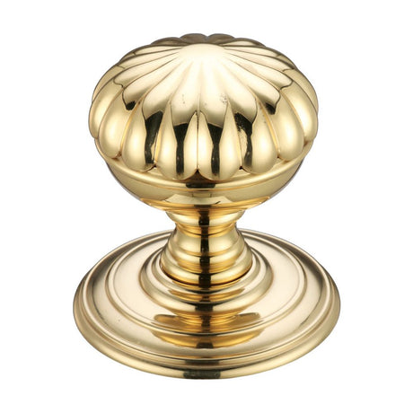 High quality image of the Fulton & Bray - Flower Mortice Knob on Round Rose - Concealed Fix - Polished Brass | Sku. fb307 | available to order from Trade Door Handles.