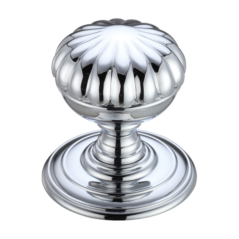 High quality image of the Fulton & Bray - Flower Mortice Knob on Round Rose - Concealed Fix - Polished Chrome | Sku. fb307cp | available to order from Trade Door Handles.