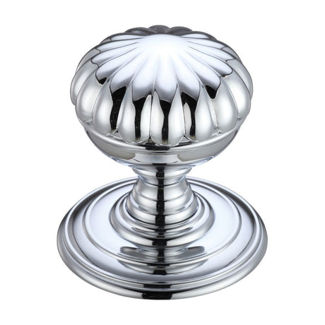 High quality image of the Fulton & Bray - Flower Mortice Knob on Round Rose - Concealed Fix - Polished Chrome | Sku. fb307cp | available to order from Trade Door Handles.