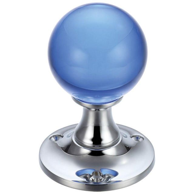 High quality image of the Fulton & Bray - Glass Ball Mortice Knob - Plain Blue - 50mm - Polished Brass | Sku. fb400cpb | available to order from Trade Door Handles.