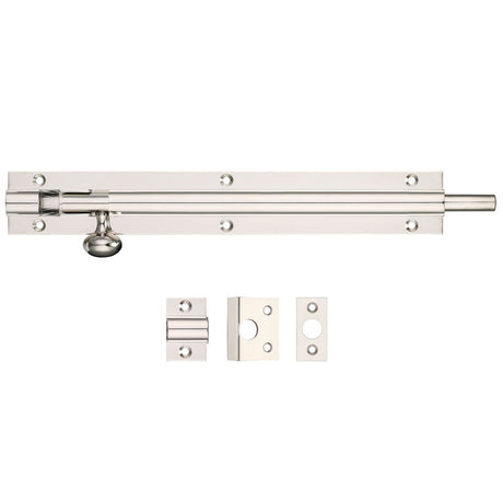 High quality image of the Fulton & Bray - Architectural Barrel Bolt 200mm x 30mm - Polished Nickel | Sku. fb58pn | available to order from Trade Door Handles.