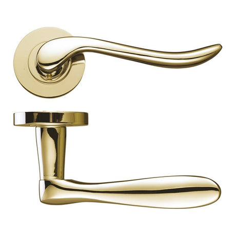 High quality image of the Fulton & Bray - Tivoli Lever on Round Rose - PVD Brass | Sku. fbdat010pvd | available to order from Trade Door Handles.