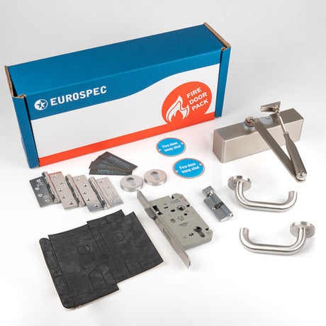 High quality image of Eurospec - Commercial Fire Door Pack - Lever Lock - Silver | Sku. fdpc3 | available to order from Trade Door Handles in Kendal.