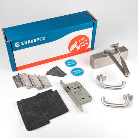 High quality image of Eurospec - Commercial Fire Door Pack - Lever Latch - Silver | Sku. fdpc4 | available to order from Trade Door Handles in Kendal.
