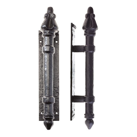 High quality image of the Foxcote Foundries - Round Pull Handle on Backplate 304mm x 63mm - 2.5mm - Antique Black | Sku. ff19 | available to order from Trade Door Handles.