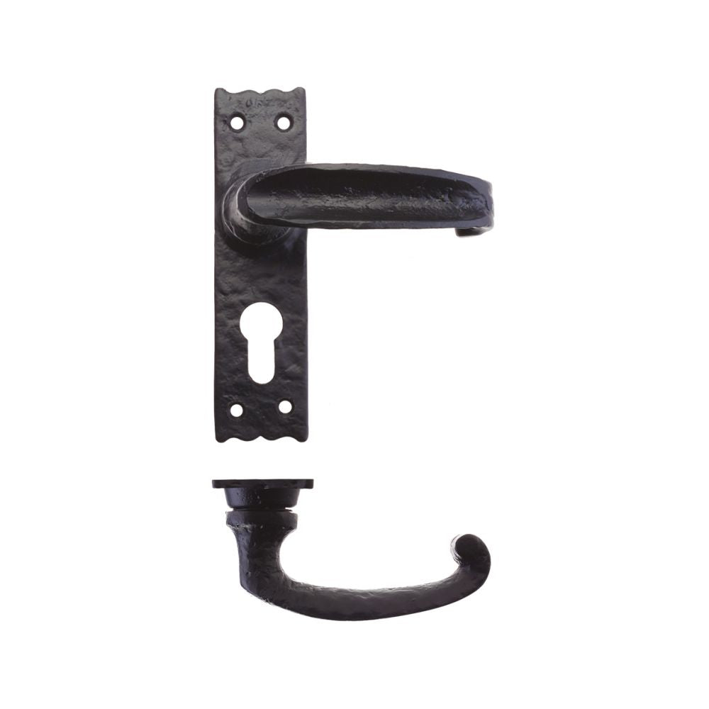 High quality image of the Foxcote Foundries - Traditional Slimline Thumb Lever on Euro Backplate - Antique Black | Sku. ff211ep | available to order from Trade Door Handles.