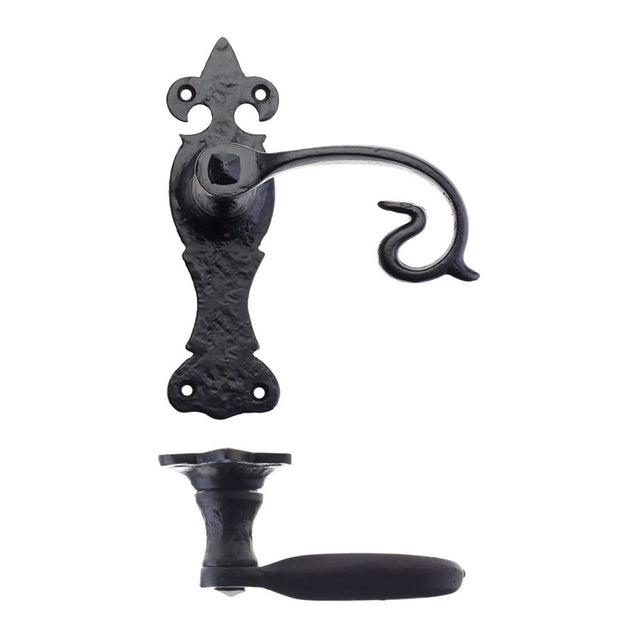 High quality image of the Foxcote Foundries - Scroll Lever on Fleur De Lys Backplate - 6" - Latch - Antique Black | Sku. ff312 | available to order from Trade Door Handles.