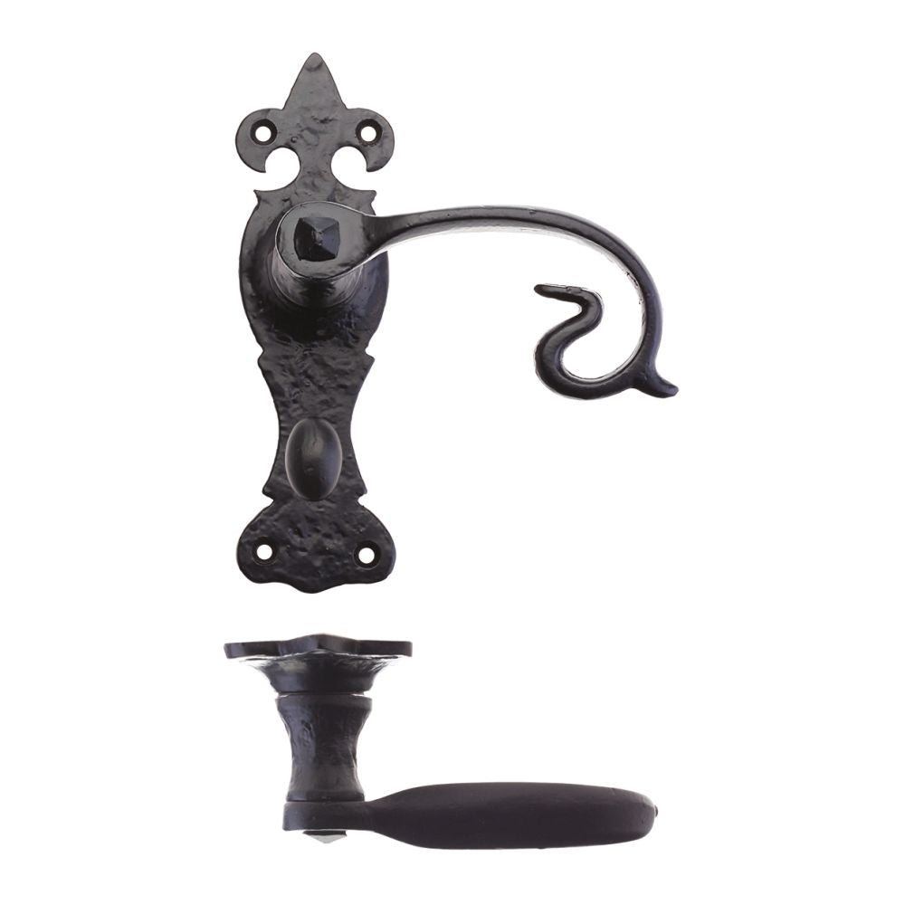 High quality image of the Foxcote Foundries - Scroll Lever on Fleur De Lys Backplate - 6" - Bathroom - Antique Black | Sku. ff313 | available to order from Trade Door Handles.