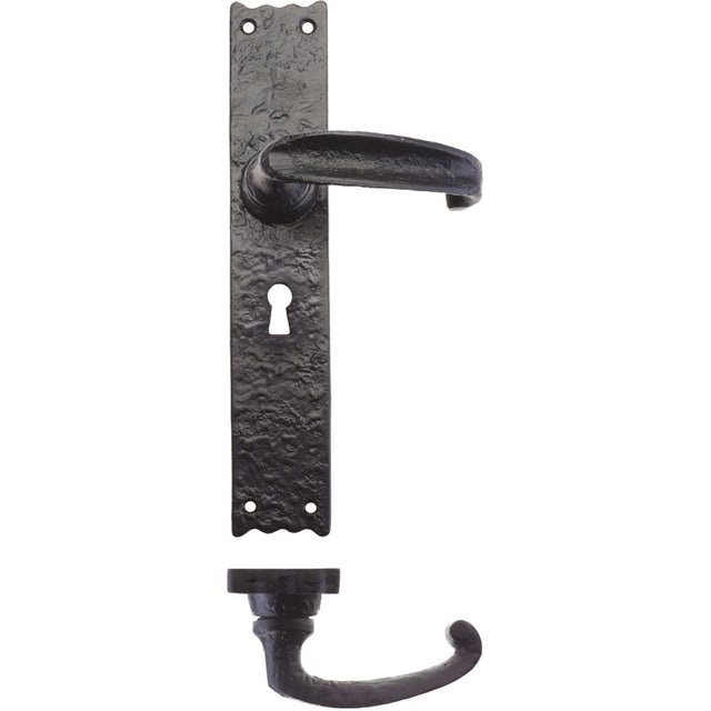 High quality image of the Foxcote Foundries - Traditional Lever on Lock Long Backplate - 10" - Antique Black | Sku. ff511 | available to order from Trade Door Handles.