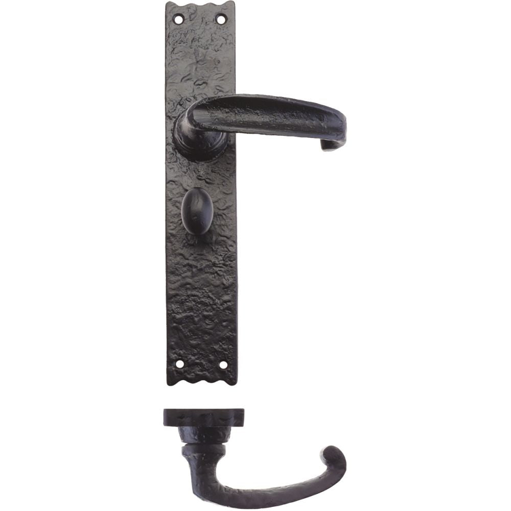 High quality image of the Foxcote Foundries - Traditional Lever on Bathroom Long Backplate - 10" - Antique Black | Sku. ff513 | available to order from Trade Door Handles.